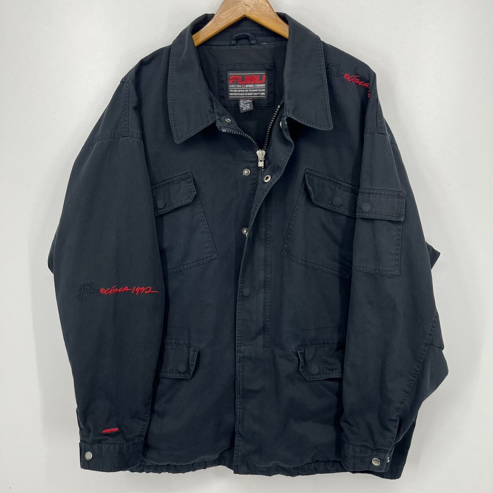 Fubu Jacket Men's Size 2XL Black Vintage Y2K Full Zip Button Snap Pockets Chore‎